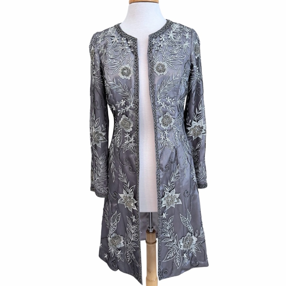 Sue Wong Nocturne Jacket NWT Silver Gray Floral Embroidered Beaded Size 6